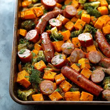 Sheet Pan Sausage and Sweet Potatoes with Honey Garlic Sauce