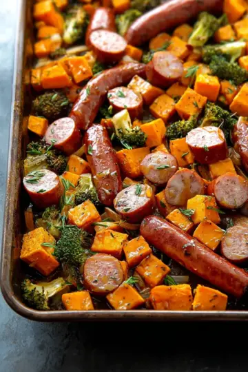 Sheet Pan Sausage and Sweet Potatoes with Honey Garlic Sauce