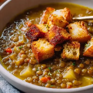Lentil Potato Soup with Homemade Croutons