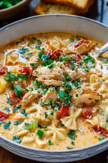 Creamy Parmesan Cajun Chicken Pasta Soup