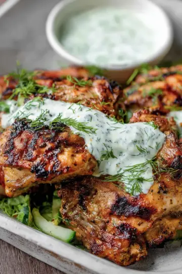 Mediterranean Grilled Chicken Thighs with Dill Yogurt Sauce