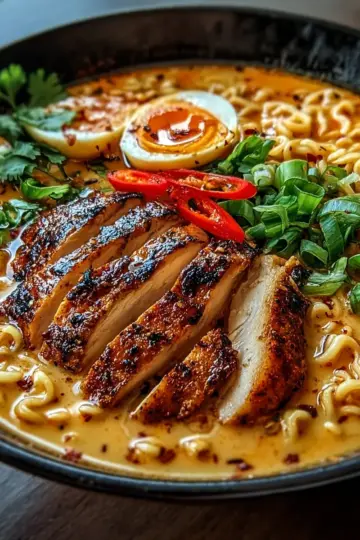 Fiery Chicken Ramen with Creamy Garlic Sauce