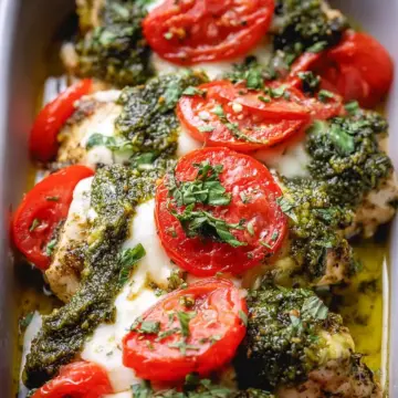Basil Pesto Tomato Mozzarella Chicken Bake