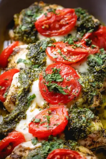 Basil Pesto Tomato Mozzarella Chicken Bake