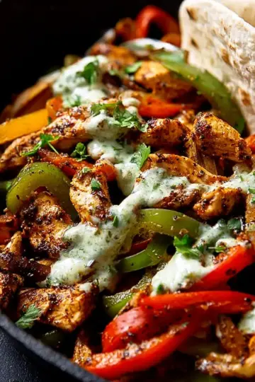 Skillet Chicken Fajitas with Creamy Jalapeño Verde Sauce.