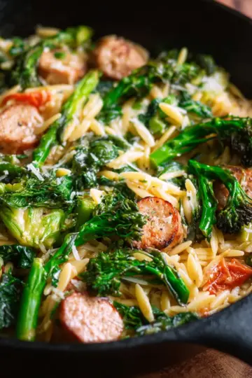 Recipe: Broccolini, Chicken Sausage, and Orzo Skillet