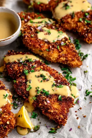 Pretzel Crusted Chicken with Cheddar-Mustard Sauce