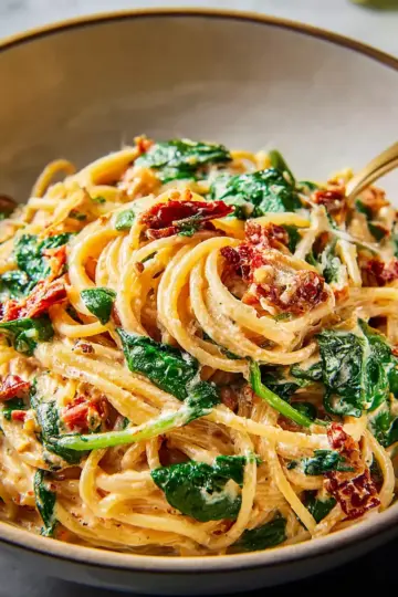 Spaghetti & Spinach with Sun-Dried Tomato Cream Sauce