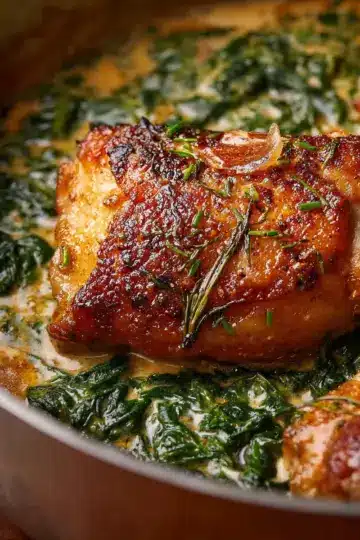 Gebakken kippendij in spinazie roomsaus