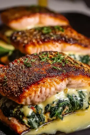 Blackened Salmon Stuffed with Spinach and Parmesan Cheese