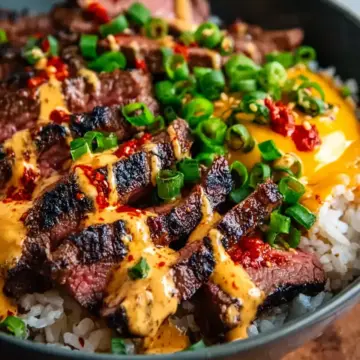 Korean BBQ Steak Rice Bowls with Spicy Cream Sauce