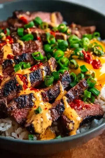 Korean BBQ Steak Rice Bowls with Spicy Cream Sauce