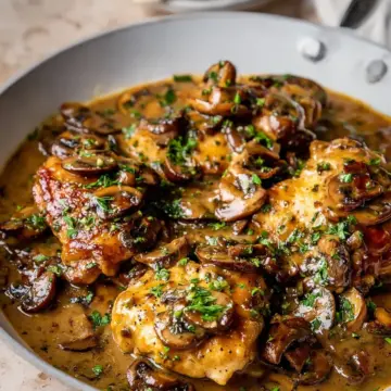 SKILLET CHICKEN THIGHS WITH MUSHROOM GRAVY