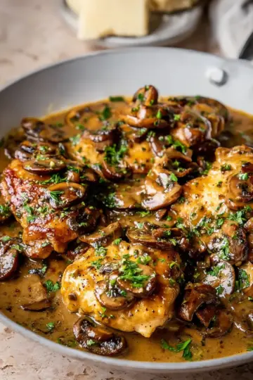 SKILLET CHICKEN THIGHS WITH MUSHROOM GRAVY