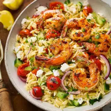 Greek Style Grilled Shrimp Orzo Pasta Salad