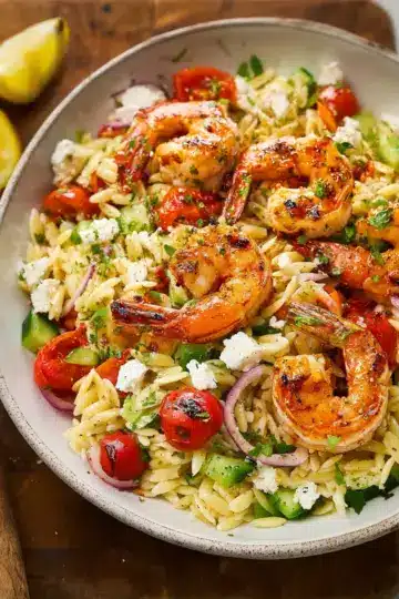 Greek Style Grilled Shrimp Orzo Pasta Salad