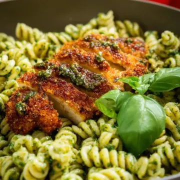 Pesto Pasta with Crispy Parmesan Chicken