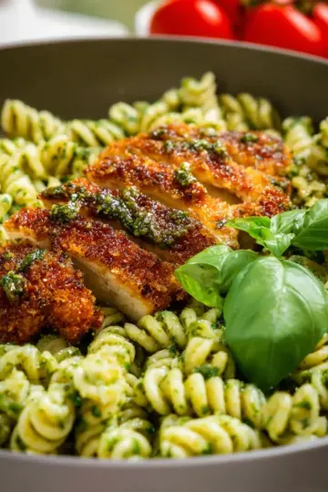 Pesto Pasta with Crispy Parmesan Chicken