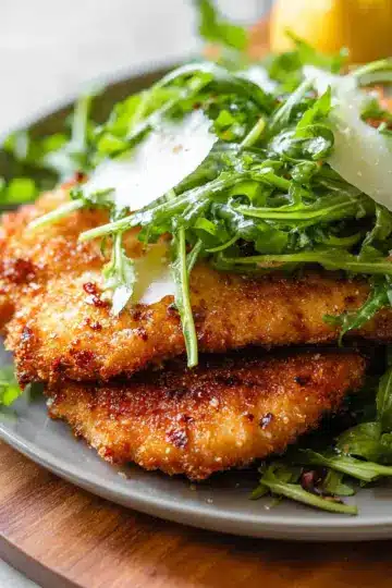 Crusted Chicken Romano Cutlets with Peppery Arugula Salad