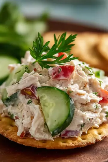 High Protein Chicken Salad on Crackers
