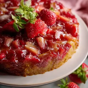 Moist Vegan Strawberry Rhubarb Upside Down Cake