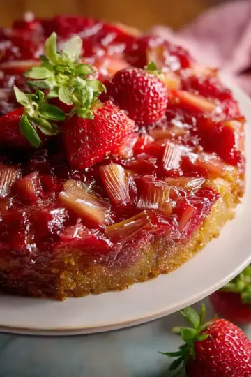 Moist Vegan Strawberry Rhubarb Upside Down Cake
